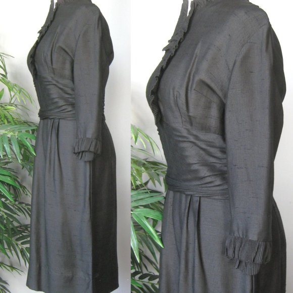 Vintage 1950s Cocktail Dress Black LBD Wiggle dress linen/silk blend? ruffles - Picture 2 of 4